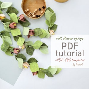 春のフェルトの花の葉の小枝のPDFパターンのダウンロード、花のチュートリアル