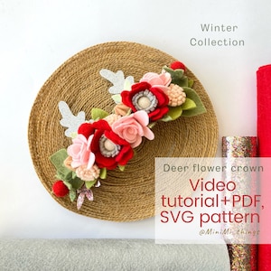 Red flower deer horns xmas crown Video tutorial, PDF, SVG pattern