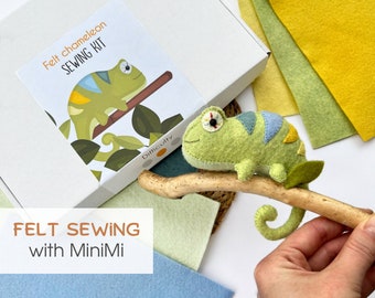 Felt tropical chameleon sewing KIT. Craft box, supplies included DIY