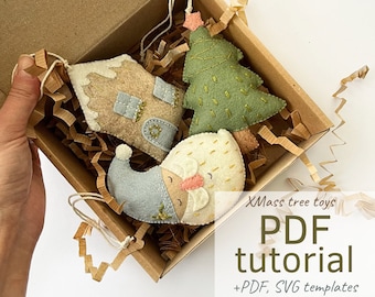 XMass spruce felt tree toy set PDF pattern download, sewing tutorial