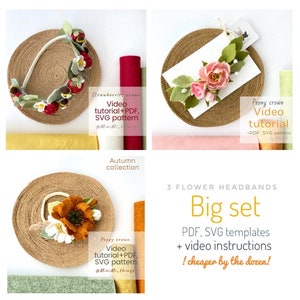 Peut inclure: Un ensemble de trois bandeaux de fleurs en feutre, comprenant un motif de fraises, de coquelicots et de pivoines. Chaque bandeau est accompagné d'un patron PDF et SVG, ainsi que d'un tutoriel vidéo. Le texte "3 FLOWER HEADBANDS Big set PDF, SVG templates + video instructions ! cheaper by the dozen!" est affiché sur un fond blanc.