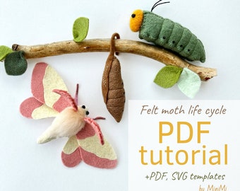 Rosy maple Moth caterpillar and cocoon felt PDF project. Pattern download, sewing tutorial