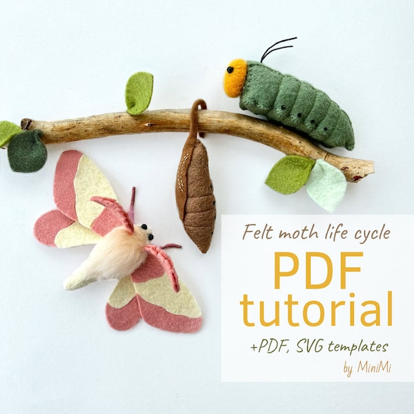Rosy maple Moth caterpillar and cocoon felt PDF project. Pattern download, sewing tutorial
