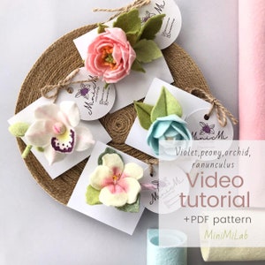 Peony, ranunculus, violet, orchid felt flowers Video tutorial, PDF, SVG pattern