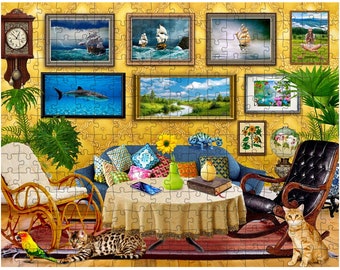 Gemütliches Zimmer Home Tier Puzzle 300 Teile, 500 Teile Tier Katze Brettspiel Lustiges Geschenk Geburtstag Chanukka