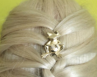 Haarnadel aus massivem Messing, Haarforke Frosch, handgemachter Pin für Twist Bun, Tier gabel, Geschenk für Frauen, Geschenk für Mädchen, Accessoires Schmuck