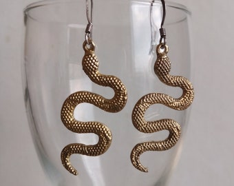 Snake Earrings in Brass, Asymmetrical Earrings, Silver Hooks, unusual earrings, Snake Jewelry, Reptile Earrings, Snake Lover Gift, Handmade