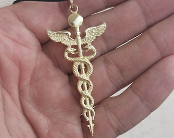 Brass pendant, Greek Mythology, Caduceus Of God Hermes necklace, Gift for man, woman. Handmade jewelry.