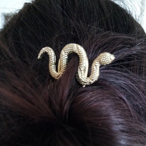 Puede incluir: Una pinza para el pelo de metal dorado con forma de serpiente. La serpiente está enrollada y texturizada, con una cabeza y un cuerpo detallados. La pinza se coloca sobre cabello castaño oscuro.
