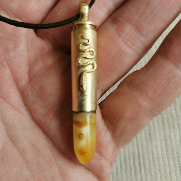 Handmade amber pendant bullet. Cartridge pendant, natural amber, gift for woman, man, ring. Original military jewelry. Bohemian unisex style