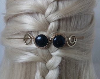 Lange Haare Messing-Clip, natürliche Messing mit einem Hammer behandelt, handgefertigt, Haarspange, blaue Sonne Steine, Haarschmuck, Haarspange, Geschenk für Frauen, Mädchen