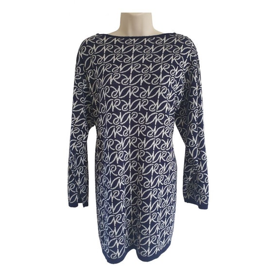 NIna Ricci vintage sweater in navy and white jacq… - image 1