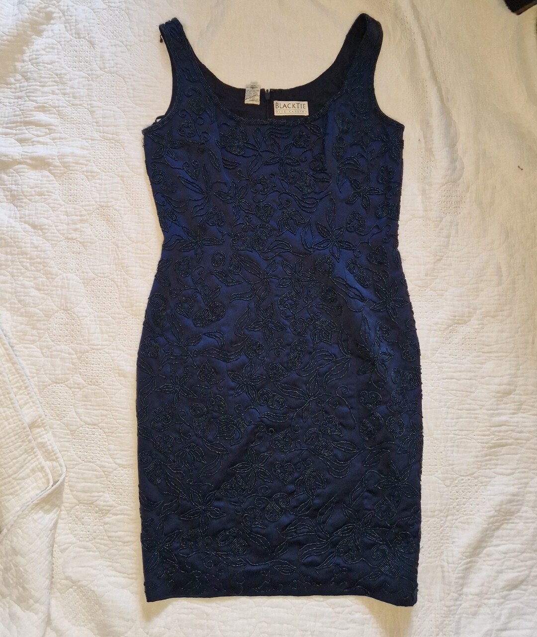Large 1990s Oleg Cassini Black Tie Dress Velvet Beaded Strapless Cocktail Mini