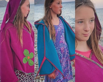 Hooded Pixie Top Wrap Tie, Pretty Hoody, Toddler/Junior, Girls/Boys, Warm and Cosy, Decorative Patch or Plain, Unique Handmade with Love