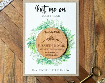 Rustic Mountain Wooden Save The Date Magnets, DHL Express Free, Wedding Invite Cards, Rustic Wedding Magnets, Personalized Save The Date