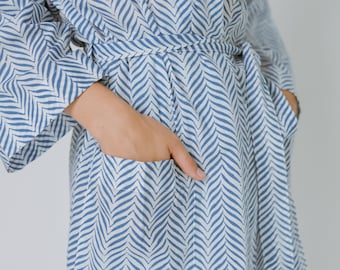 Kimono Robe, Loungewear for Women | Bathrobe Kimono Blue White - Bademantel | Cozy Homewear Loungewear