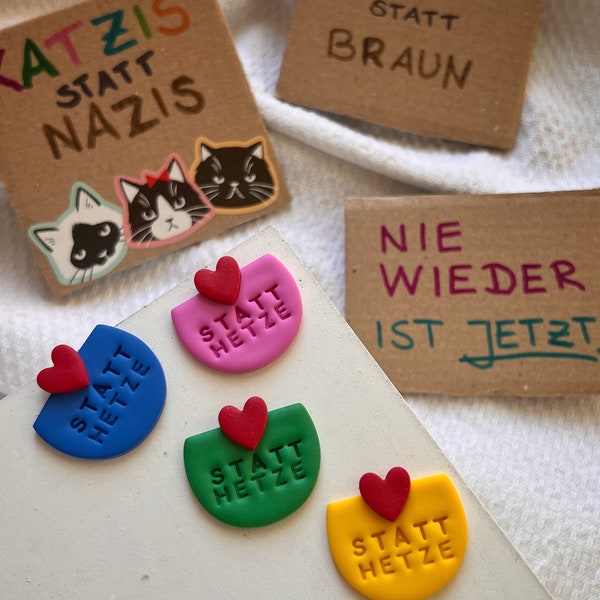 Pin „Statt Hetze“, Anstecknadel, Brosche aus Fimo