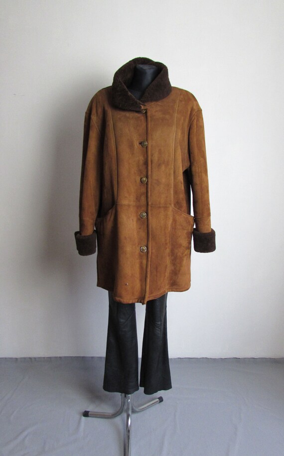 Vintage Shearling Brown Coat, Lightweight Shearli