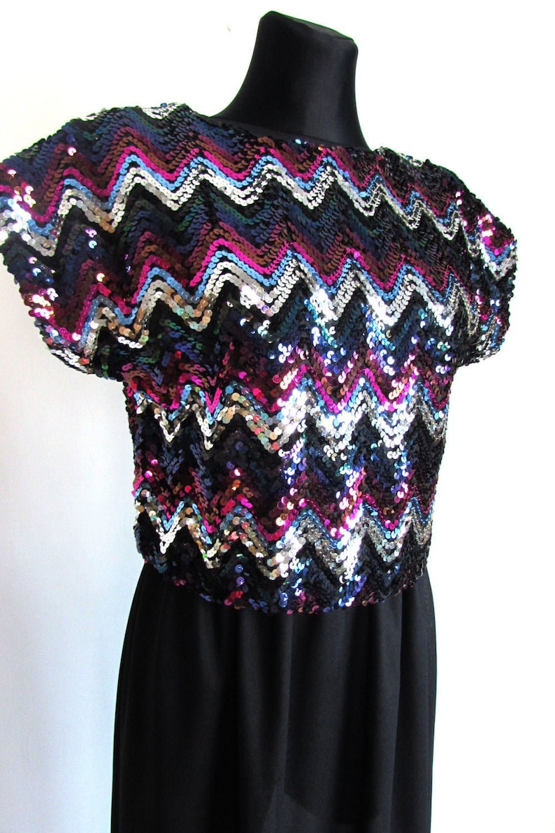 Vintage 70s Sequin Glam Dress Short Sleeve Chevron Evening Party Sheer Dress size S M