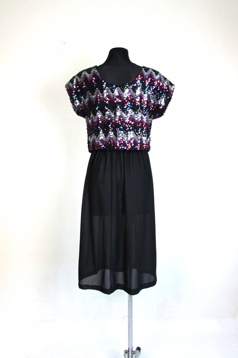 Vintage 70s Sequin Glam Dress Short Sleeve Chevron Evening Party Sheer Dress size S M