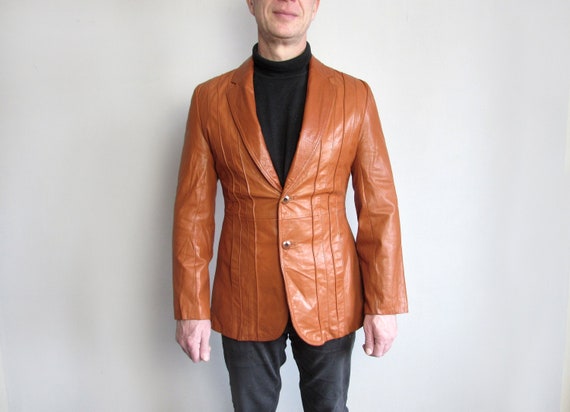 Vintage Men Orange Leather Jacket, 70's 80's Leath