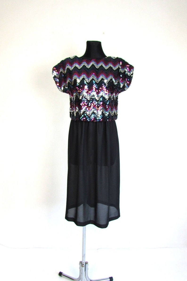 Vintage 70s Sequin Glam Dress Short Sleeve Chevron Evening Party Sheer Dress size S M