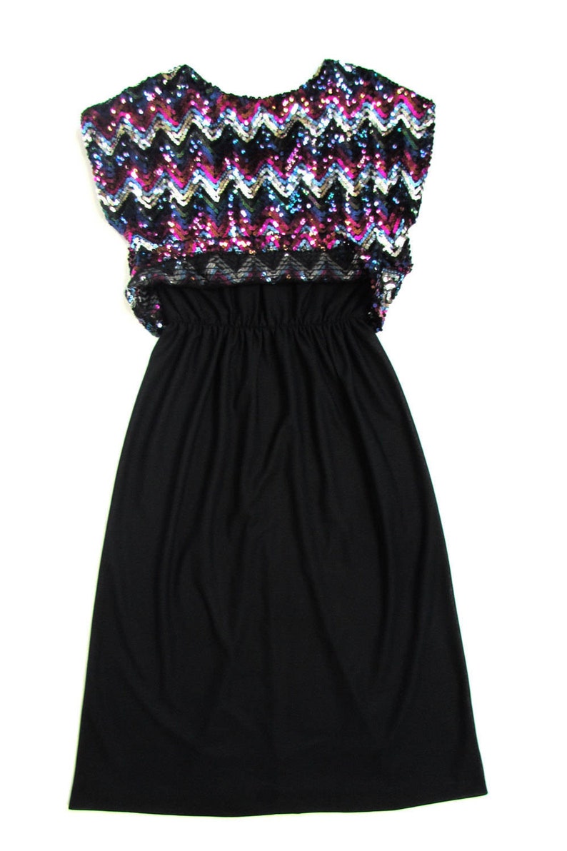 Vintage 70s Sequin Glam Dress Short Sleeve Chevron Evening Party Sheer Dress size S M