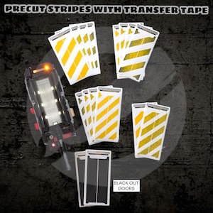 May include: A set of pre-cut yellow and white striped decals with transfer tape. The decals are designed to look like caution stripes. The set also includes two black decals that say "Black Out Doors".