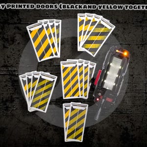 May include: A set of 24 black and yellow striped door stickers, with the text "FULLY PRINTED DOORS (BLACK AND YELLOW TOGETHER)" at the top of the image. The stickers are arranged in four groups of six, with a black and white prop in the center.
