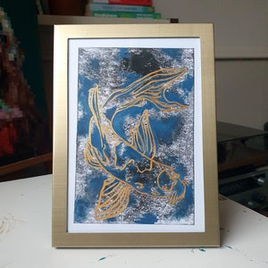 Framed Koi Fish Lino Print with Gold Paint