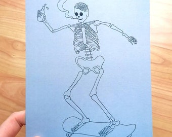 Stampa artistica A5 di uno skateboarder scheletro