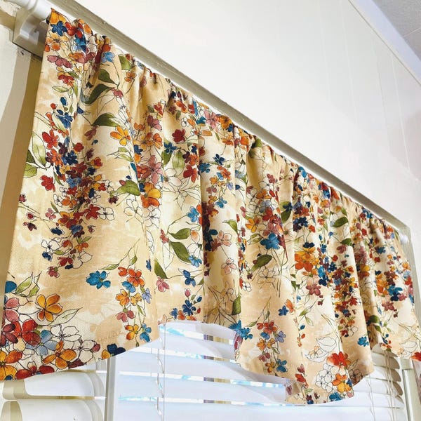 Watercolors  kitchen window valance or cafe curtains: rainbow color floral