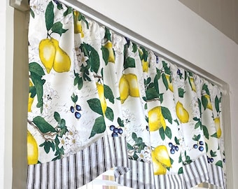 Lemons window valance with matching cafe curtains. Custom order sizes, handmade in the USA