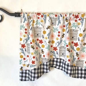 WINDOW VALANCE with honey bees, special order matching cafe curtains any size, Handmade in the USA