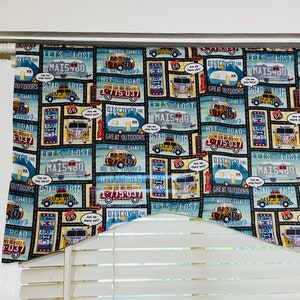 Camper Rv curtains with matching window valance, custom order sizes welcome, handmade in the USA