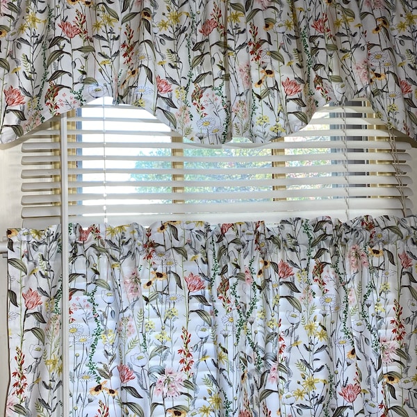 Cafe curtains with matching window valance, custom order sizes, handmade in the USA