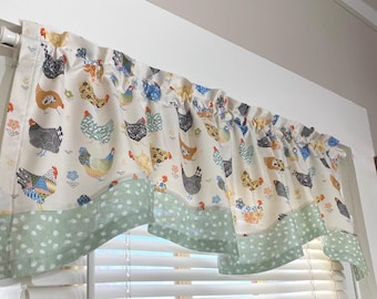 Farmhouse chicken kitchen window valance or cafe curtains : Multi colors with sage green band