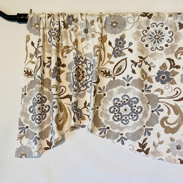 Window valance in gray and beige modern floral. Cafe curtains to match. Custom orders. Handmade in the USA small business