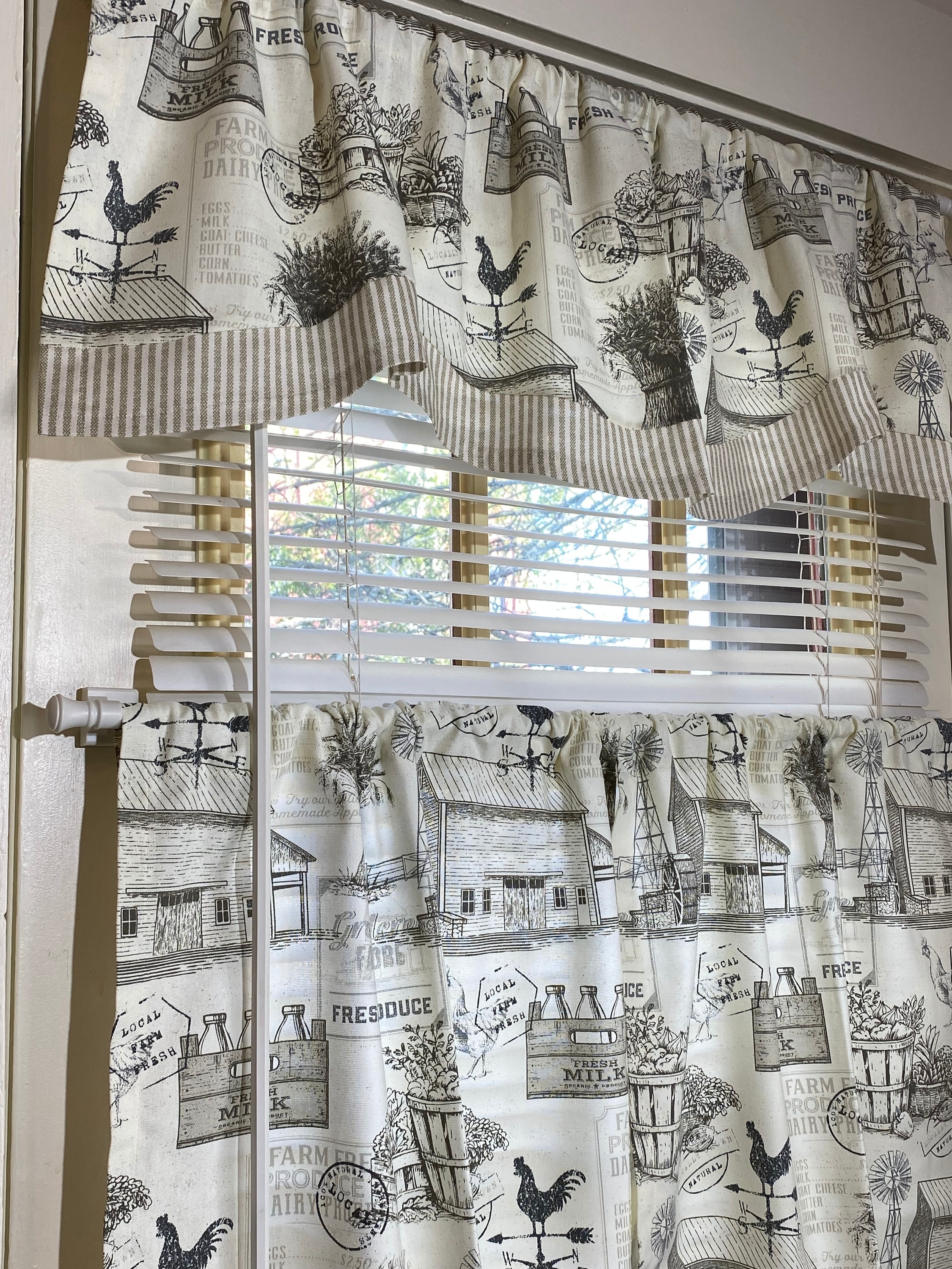 Cafe curtains with matching window valance, custom order sizes, handmade in the USA