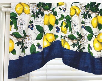 Lemon  kitchen window valance or cafe curtains : Yellow lemons with navy blue band
