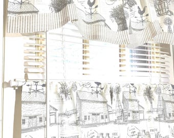 Farmhouse Barn Kitchen Valance or Cafe curtains: Beige, Gray, ticking stripe