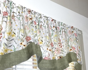 Wildflower kitchen window valance or cafe curtains : Multi colors with sage green band