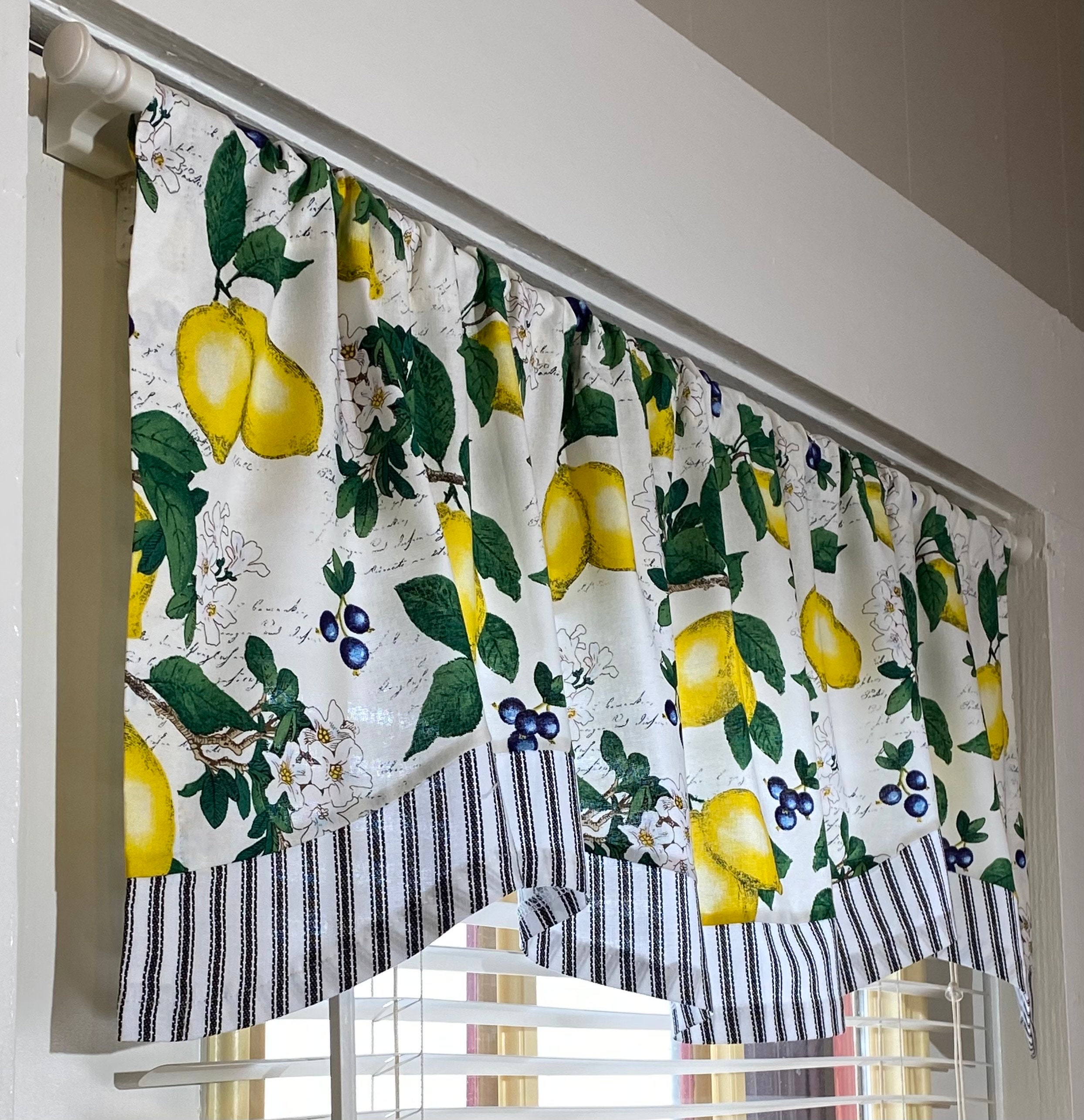 Lemons window valance with matching cafe curtains. Custom order sizes, handmade in the USA
