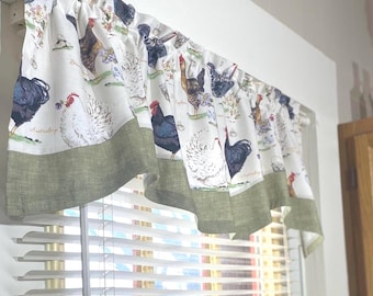 CHICKEN HEN kitchen window valance or cafe curtains : Sage green/color/size options