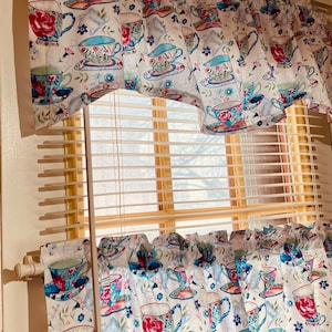 Cafe curtains with matching window valance, custom order sizes, handmade in the USA
