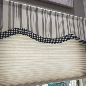 Farmhouse sage green stripe window valance curtains. Handmade in the USA. Small business. Custom orders welcome.