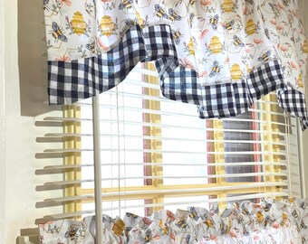Honey Bee kitchen window valance or cafe curtains : size options, yellow, black check