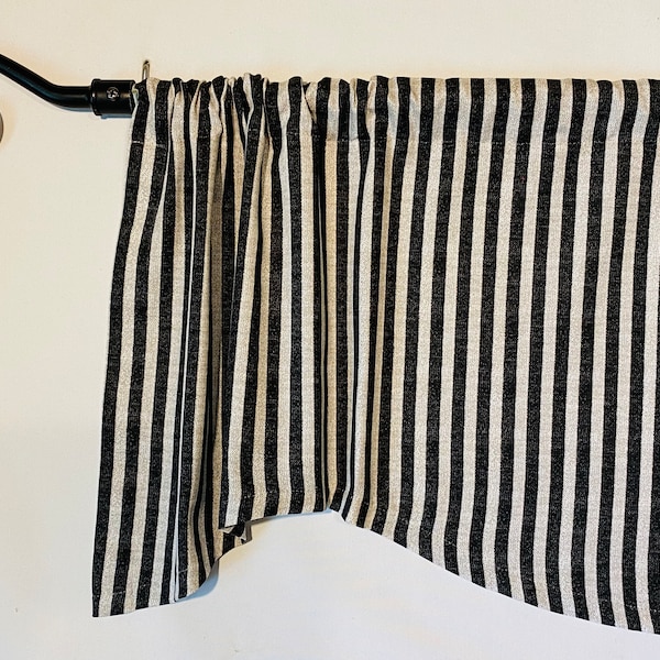 Farmhouse Kitchen Curtain Valance: Black and Tan Ticking Stripe 12”Lx42”W