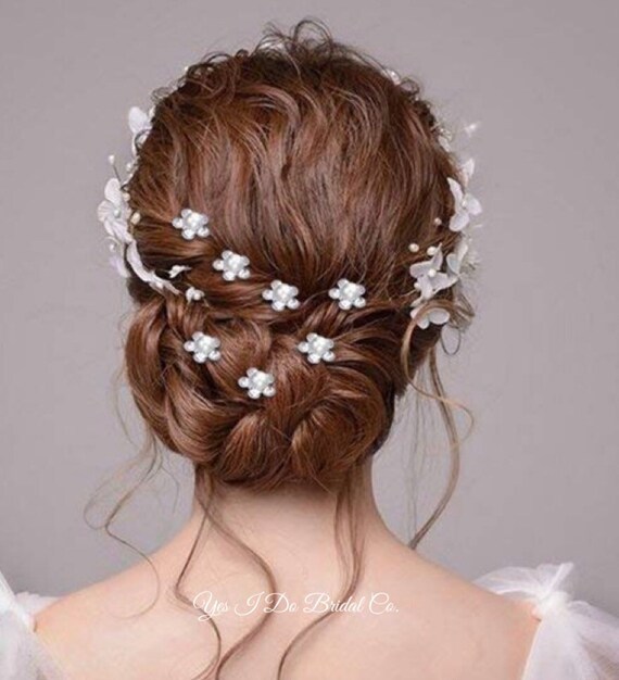 Set Of 10 Pearl Bridal Bobby Pins Crystal Flower Hair Pins Etsy