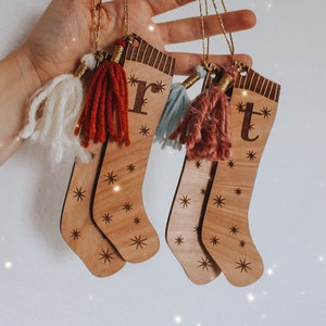 Personalized Wooden Stocking Ornament, holiday decor, Christmas ornaments, stocking marker, gift tag, boho ornament